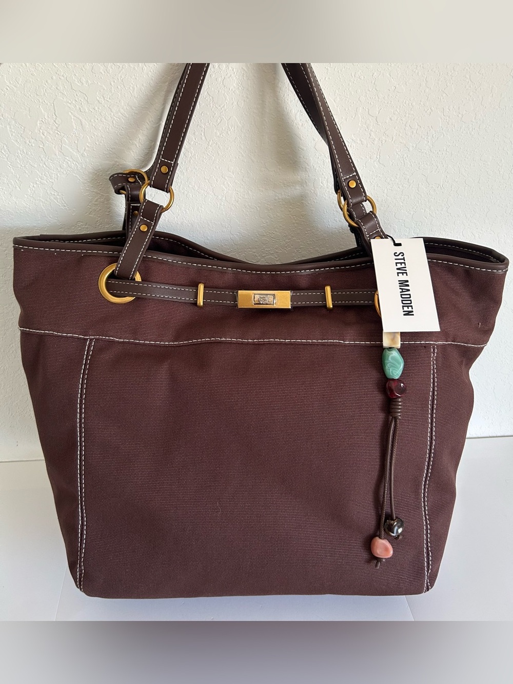 Steve Madden large Brown canvas Tote Bag with Beaded Charm